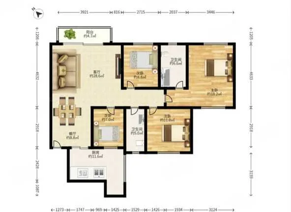 宝安中心达海花园121.64平米4房2厅2卫•双阳台918万